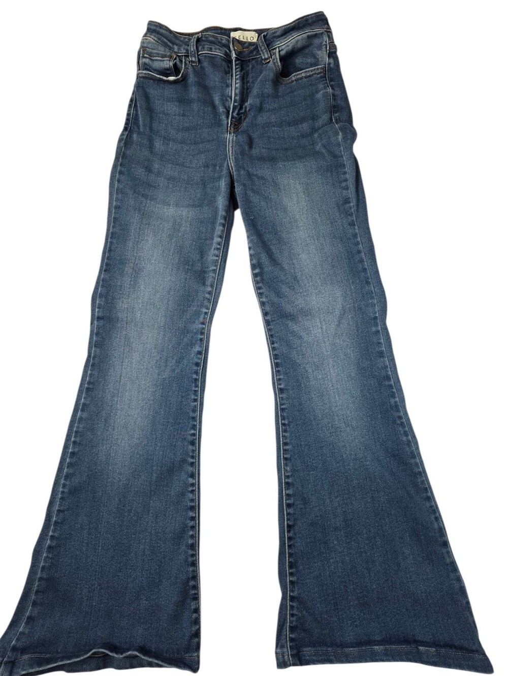 Cello brand jeans feature a high-rise waist and a distinct flared leg